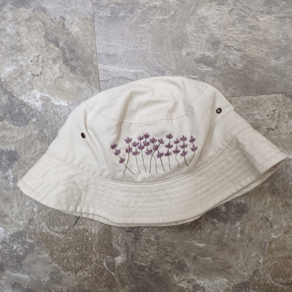 Lavender Embroidered Tan Bucket Hat